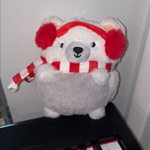 Cute Plush Bear with Red Earmuffs and Scarf